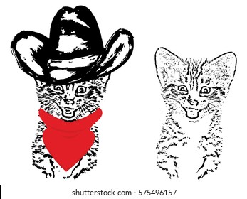 Abstract grunge portrait of a cat in a cowboy hat on white background.