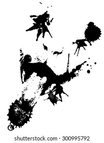 Abstract grunge portrait of a cat with ink splatters on white background.