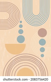 Abstract grunge poster with geometric shapes and lines. Rainbow print and sun circle, boho style. Modern minimalist print in pastel colors. Concept of balance, harmony and equilibrium. Vector