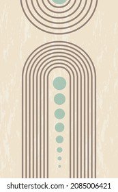 Abstract grunge poster with geometric shapes and lines. Rainbow print and sun circle, boho style. Modern minimalist print in pastel colors. Concept of balance, harmony and equilibrium. Vector
