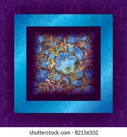 abstract grunge purple background with blue floral ornament