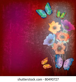 abstract grunge purple background with butterflies and flowers