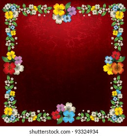 abstract grunge red background with color spring flowers