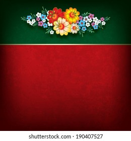 abstract grunge red background with flowers on green