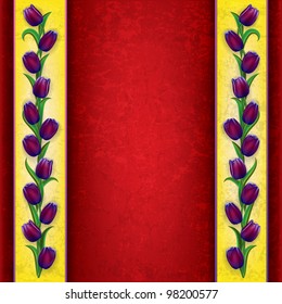 abstract grunge red background with purple tulips