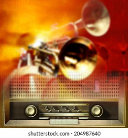 Abstract grunge red background with retro radio and musical instruments