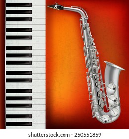 abstract grunge red background with saxophone and piano