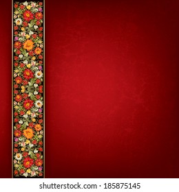 abstract grunge red background with spring floral ornament