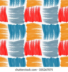 Abstract grunge red blue squares.Hand drawn with paint brush seamless background.Modern hipster style design.