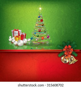 Abstract grunge red green background with hand bells gifts and Christmas tree