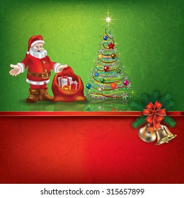 Abstract grunge red green background with Santa Claus gifts and Christmas tree