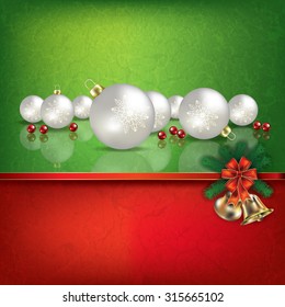 Abstract grunge red green background with hand bells and white Christmas decorations