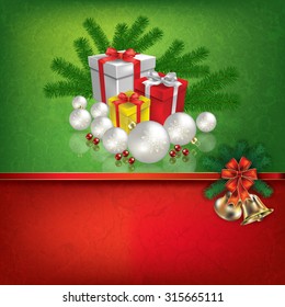 Abstract grunge red green background with hand bells and Christmas gifts