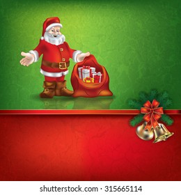 Abstract grunge red green background with hand bells and Santa Claus
