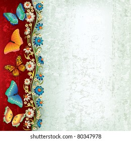 abstract grunge red green background with butterflies and flowers