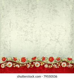 abstract grunge red grey background with floral ornament