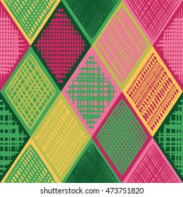 Abstract grunge rhombus color vector seamless pattern. Tribal texture