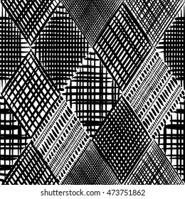 Abstract grunge rhombus monochrome vector seamless pattern. Tribal texture