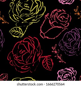 Abstract grunge rose background. Vector illustrated crayon drawing. Seamless Pattern.