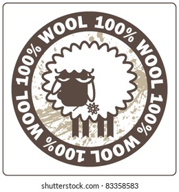 Abstract grunge rubber stamp with cartoon sheep and the words 100% wool.  Vector illustration.