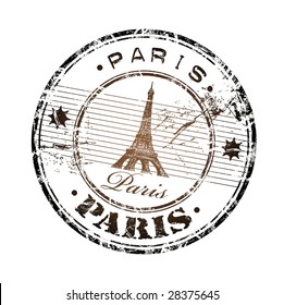 Abstract grunge rubber stamp with the Eiffel Tower symbol and the name Paris written inside the stamp