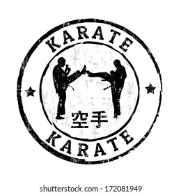 Abstract grunge rubber stamp with fighters silhouettes. Karate stamp, vector illustration