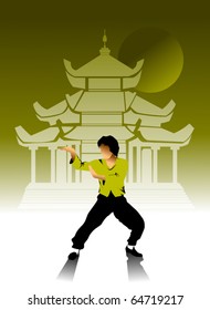 Abstract grunge rubber stamp with man silhouettes fighting. Kung fu stamp;
