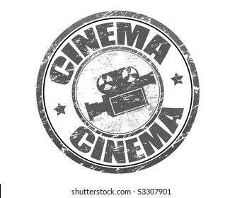 Abstract grunge rubber stamp with old movie camera shape and the word cinema written inside 