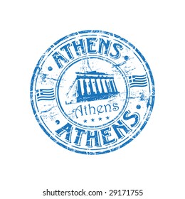 Abstract grunge rubber stamp with the Parthenon shape from Greece and the name Athens written inside the stamp