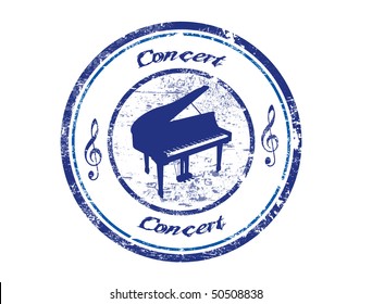 Abstract grunge rubber stamp with piano shape and the word concert written inside the stamp