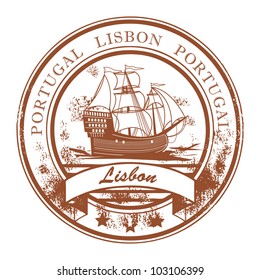 Abstract grunge rubber stamp with sailboat and the name Lisbon, Portugal written inside the stamp