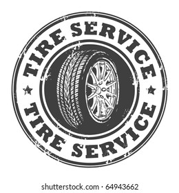 Abstract grunge rubber stamp with wheel and the words tire service written inside, vector illustration