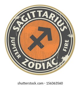 Abstract grunge rubber stamp with the Zodiac Sagittarius symbol horoscope, vector illustration