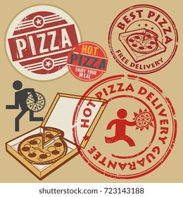 Abstract grunge rubber stamps or labels set pizza delivery theme, written inside, vector illustration