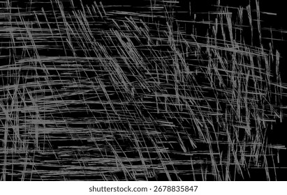 Abstract grunge scratch texture with chaotic distressed line pattern on black background for poster, flyer, and digital design projects