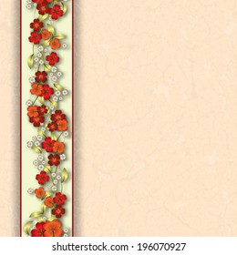 abstract grunge seamless background with red spring flowers on beige