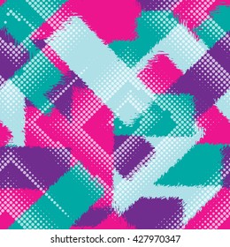 Abstract grunge seamless chaotic pattern with brushstrokes, drops and halftone square spirals. Trendy colorful texture background. Modern wallpaper. Fashionable print.