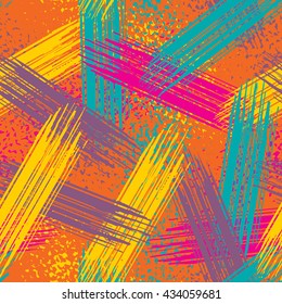Abstract grunge seamless chaotic pattern with brushstrokes, blots, drops and splashes. Trendy colorful texture background. Modern wallpaper. Fashionable print with a shabby paint effect.