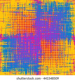 Abstract grunge seamless chaotic pattern with blots and dots. Trendy colorful texture background. Modern wallpaper. Fashionable print with a shabby paint effect.