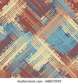 Abstract grunge seamless chaotic pattern with brushstrokes, blots, drops and splashes. Trendy colorful texture background. Modern wallpaper. Fashionable print with a shabby paint effect.