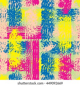 Abstract grunge seamless chaotic pattern with brushstrokes, blots, drops and splashes. Trendy colorful texture background. Modern wallpaper. Fashionable print with a shabby paint effect.
