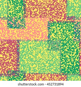 Abstract grunge seamless chaotic pattern with rectangular patches of blots. Trendy colorful texture background. Modern wallpaper. Fashionable print with a shabby paint effect.