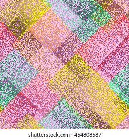 Abstract grunge seamless chaotic pattern with rectangular patches of blots. Trendy colorful texture background. Modern wallpaper. Fashionable print with a shabby paint effect.