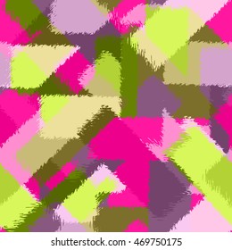 Abstract grunge seamless chaotic pattern with brushstrokes and splashes. Trendy colorful texture background. Modern wallpaper. Fashionable print with a shabby paint effect.