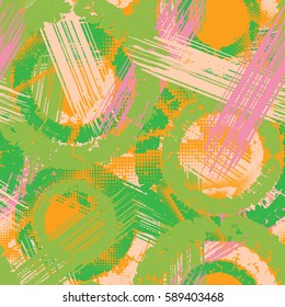 Abstract grunge seamless chaotic pattern with brushstrokes. Urban spring camouflage texture. Trendy colorful background. Modern wallpaper. Fashionable print with a shabby paint effect.