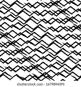 Abstract grunge seamless pattern with black hand drawn zigzag waves ornament of brush strokes lines. Contrast trendy distressed elements texture for textile, wrapping paper, cover, surface, wallpaper