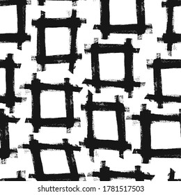 Patrón abstracto sin soldadura grunge con adorno de cuadros texturados dibujados a mano con tinta negra. Contraste la textura de elementos de moda y aflicción para textil, papel de envoltura, cubierta, superficie, papel tapiz