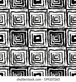 Abstract grunge seamless pattern in black and white. Ethnic distressed monochrome geometric background. Folk ornament. Square shape, stripes. Fabric design. Endless print texture. Wallpaper - vector