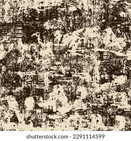 Abstract grunge seamless pattern with chaotic layering of vintage architectural elements and old buildings. Vector background on of ancient architecture and art in creative modern design