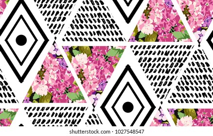 Abstract grunge seamless pattern with dots, lines, brush strokes, flowers,design element. Organic texture. Can be used for invitations, greeting cards, scrapbooking, print, gift wrap, manufacturing